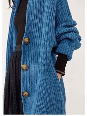 Free People Teal Blue Chunky Knit Button Cardigan